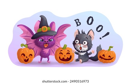 Design element with amusing cartoon bat, black cat and laughing pumpkins. Bat scares black cat. Vector illustration.