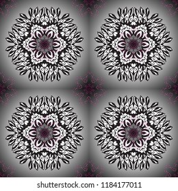 Design element. Anti-stress therapy pattern. Yoga logo, background for meditation poster. Decorative round ornament. Vector outline Mandala on gray and white colors. Unusual flower shape oriental line