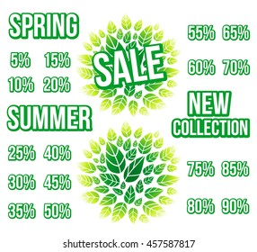 Design element of armful of leaves with the words Sale, New collection and different percentage for shops