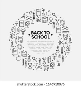 Design element of Back to school icons outline set, icons of school supplies. Welcome back to school badge. Learning and education. Vector illustration, eps 10.