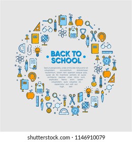 Design element of Back to school icons outline set, icons of school supplies. Welcome back to school badge. Learning and education. Vector illustration, eps 10.