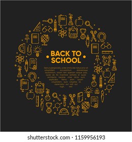 Design element of Back to school icons outline set, icons of school supplies. Welcome back to school badge. Learning and education. Vector illustration, eps 10.