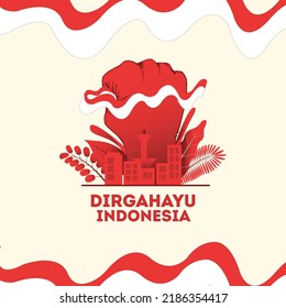 Design-Element für Banner-Hintergrund oder Grußkarte für die indonesische Unabhängigkeit oder anderen nationalen Tag mit roter und weißer Flagge und Faust- und Nationaldenkmal und Stadtbau. Illustration