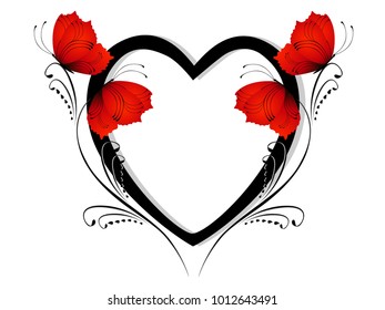 Design element, black heart with red butterflies on branches.