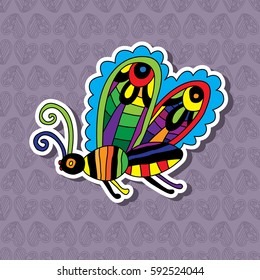 Design element. Butterfly on background of seamless pattern of hearts.