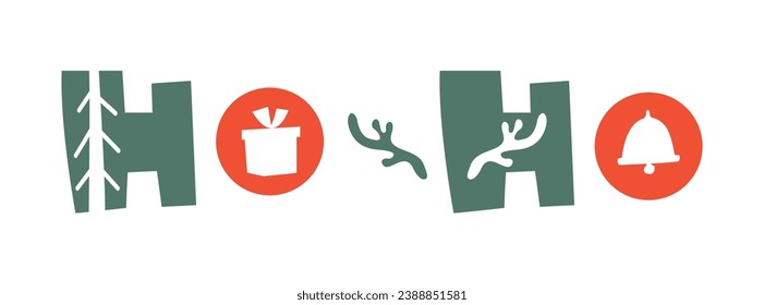 Design element for Christmas decor. Greeting Santa Claus. Handwritten text Ho-Ho. Vector illustration in flat graphic style. Set of silhouettes. Stylized gift, bell, deer antlers and Christmas tree.