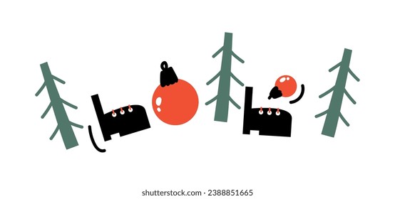 Elemento de diseño para la decoración navideña. Saludando a Santa Claus. Texto escrito a mano Ho-Ho. Bosque de coníferas. Botas de Santa. Decoraciones navideñas. Ilustración vectorial en estilo gráfico plano.