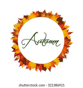 Design element circle with autumn leaves around and word autumn. 