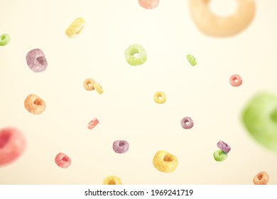 Design element of colorful ring cereals in 3D illustration. Cereal rings of fresh fruit flavors flying on beige color background. svg