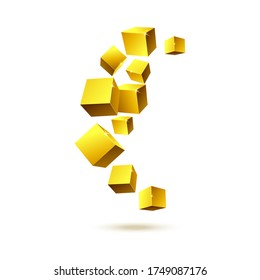 Design element consisting of golden metallic 3D cubes in motion, realistic vector illustration isolated on white background. Trendy geometric minimal styling.