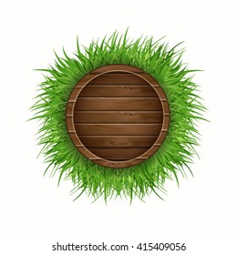 Design element consisting of wooden planks and herbs arranged in a circle. Ecology, organic, fresh, green grass. Vector graphics