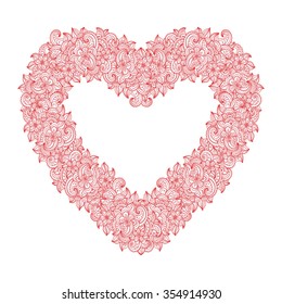 design element, contour illustration, openwork heart, floral ornament, valentine's day, red, white.