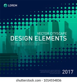 Design element for corporate graphic layout. Modern instagram post template design with coloured cityscape vector illustration for investment, business, real estate, construction.