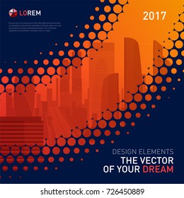 Design element for corporate graphic layout. Modern abstract geometry background template design whith colored cityscape vector illustration for investment, business, real estate, construction.