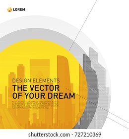 Design element for corporate graphic layout. Modern abstract geometry background template design whith colored cityscape vector illustration for investment, business, real estate, construction.