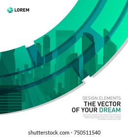 Design element for corporate graphic layout. Modern abstract geometry background template design whith colored cityscape vector illustration for investment, business, real estate, construction.