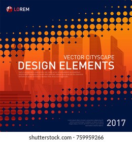 Design element for corporate graphic layout. Modern abstract geometry background template design whith colored cityscape vector illustration for investment, business, real estate, construction.
