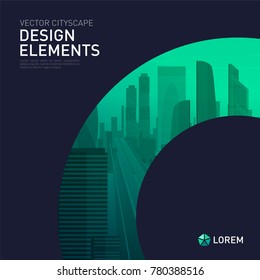 Design element for corporate graphic layout. Modern background template design with colored sitycape for investment, business, real estate, construction.