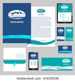 Design element of corporate identity for fresh mineral water business company with vector freehand drawn illustration with blue mountain and moon. 