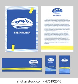 Design element of corporate identity for fresh mineral water business company with vector freehand drawn illustration with blue mountain and moon. 