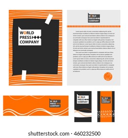 Design element of corporate identity with vector logo world press company. Illustration global news politics. Concept image of stylized wolf.