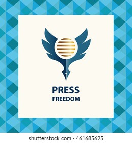 Design element of corporate identity with vector logo freedom world press company. Illustration global news politics. Blue eagle on color background.