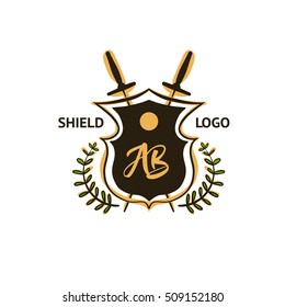 Design element of corporate identity with vector logo. Illustration with dark shield and sword isolated on white background.