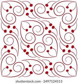 Design element of curved lines. Red curls on a white background. Stylized branches with berries. Frost pattern on the window. Ethnic nordic style. Seamless monochrome red mosaic tile.