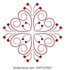 Design element of curved lines. Red curls on a white background. Stylized branches with berries. Frost pattern on the window. Ethnic nordic style. Monochrome red motif for clothes, home, etc.
