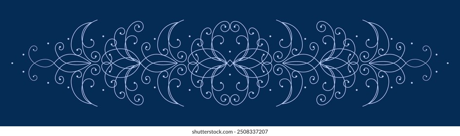 Elemento de diseño de líneas curvas. Rizos blancos sobre fondo azul. Ornamento complejo adornado. Patrón de escarcha en la ventana. Diseño clásico vintage de encaje. Decoración azul oscuro monocromo para la ropa, el hogar, etc.