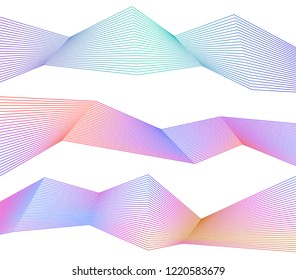 Design-Element Kurvierte scharfe Ecken Wellenlinie viele Linien. Abstrakte, vertikale gebrochene Streifen auf weißem Hintergrund einzeln. Creative Line Art. Vektorgrafik EPS10. Mit dem Blend Tool erstellte Farblinie