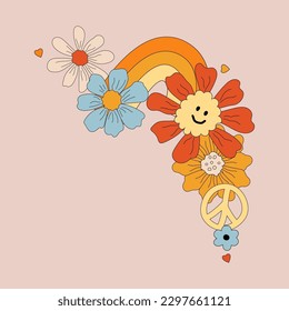 Design element with daisy flowers, rainbow and peace sign for poster, banner, party invitation. Groovy vibes. Vector illustration isolated on background.