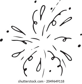 The design element of the doodle is a festive salute, fireworks, splashes, sparks, a flower. A simple vector illustration of an explosion isolated on a white background.