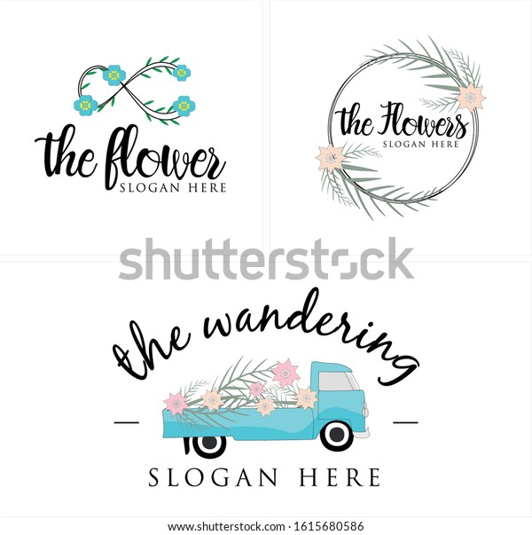 Design element with\
drawn wreath flower blue pink and car symbol modern logo vector\
suitable for floral beautiful wedding gallery trucks business\
retail store\
transportation