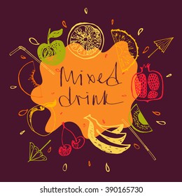 Design element for eco mixed fresh juice and drink. Fitness, Diet and Calorie. Logo for mixed drink. Fruit menu and  bar. Fruit poster.