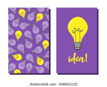 Design element with electric lamp pattern. Light bulb icon card template. 
