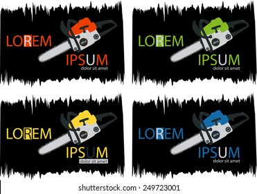 Design element emblem, logo, banner, signboard with a chainsaw in 4 color variations