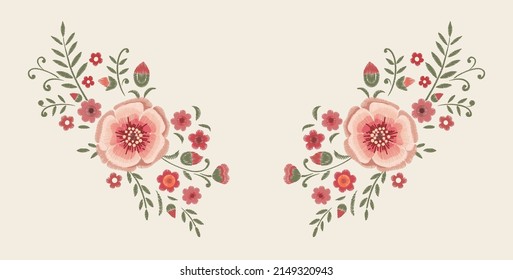 Design element of embroidered flowers. Vector floral neckline design.