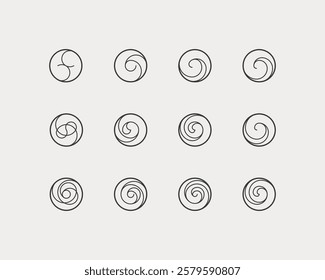 Design element with fibonacci spiral. Swirl element. Set of 12 geometric shape. Modern linear design element for pattern and grid.