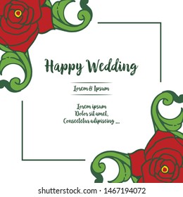 Design element floral frame, various branches leaf, template of card happy wedding. Vector