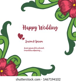 Design element floral frame, various branches leaf, template of card happy wedding. Vector