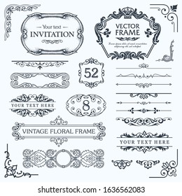 Design element. Flourish border corner and frame collection. Decorative elements for design invitations, frames, menus