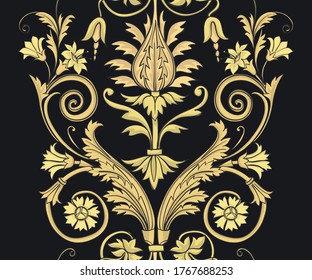 Design element of flowers on a black background. Baroque ornament. Golden leaves and flowers. Vector print.  