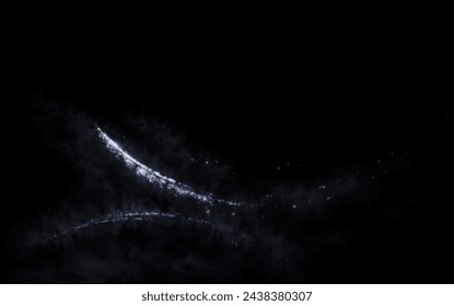 Design element in the form of flying comets surrounded by flowers, leaves, dust. Evocation of ecology, purity, nature. Pleasant air, perfume, aroma, floral dust. Vector illustration.