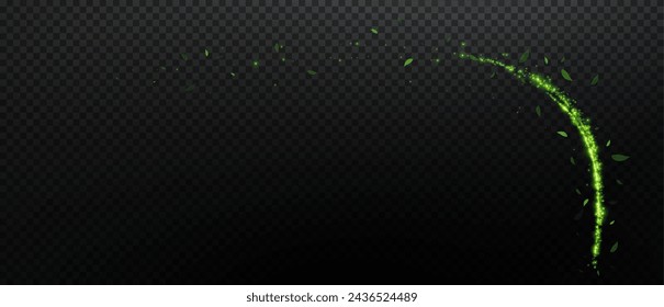 Design element in the form of flying green or emerald comets, wind, dust. Evocation of ecology, purity, nature. Pleasant air, perfume, aroma, floral dust. Vector illustration.	
