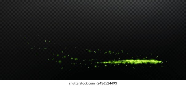 Design element in the form of flying green or emerald comets, wind, dust. Evocation of ecology, purity, nature. Pleasant air, perfume, aroma, floral dust. Vector illustration.	
