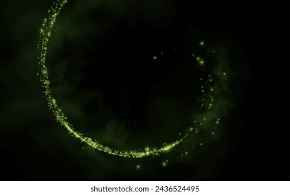 Design element in the form of flying green or emerald comets, wind, dust. Evocation of ecology, purity, nature. Pleasant air, perfume, aroma, floral dust. Vector illustration.	
