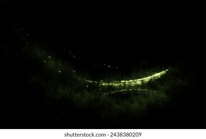 Design element in the form of flying green or emerald comets, wind, dust. Evocation of ecology, purity, nature. Pleasant air, perfume, aroma, floral dust. Vector illustration.