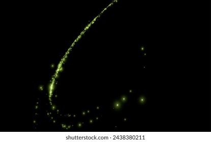 Design element in the form of flying green or emerald comets, wind, dust. Evocation of ecology, purity, nature. Pleasant air, perfume, aroma, floral dust. Vector illustration.