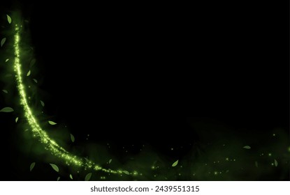 Design element in the form of flying green or emerald comets, wind, dust. Evocation of ecology, purity, nature. Pleasant air, perfume, aroma, floral dust. Vector illustration.	
